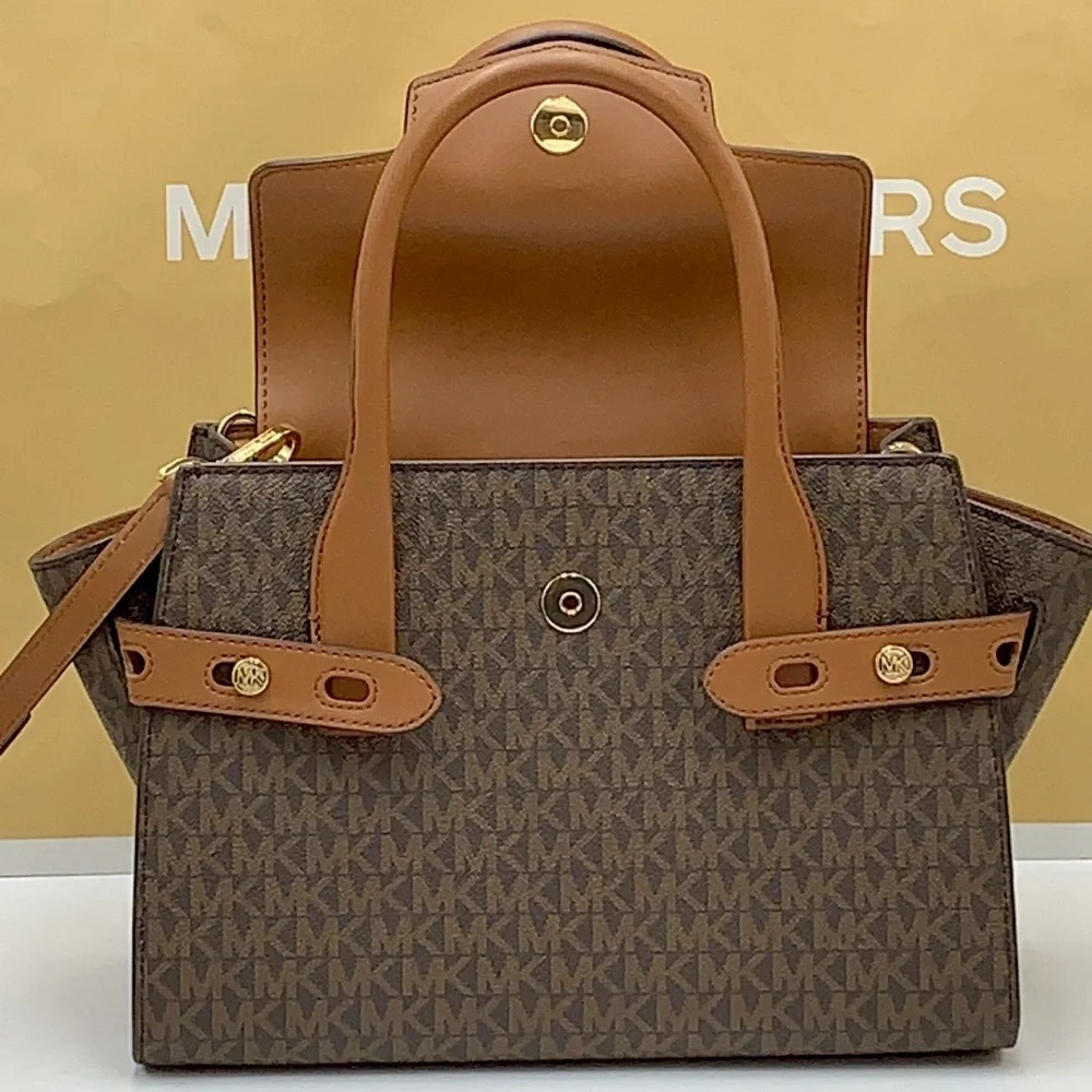 MICHAEL KORS CARMEN MEDIUM FLAP SATCHEL BROWN SIGNATURE COLOR